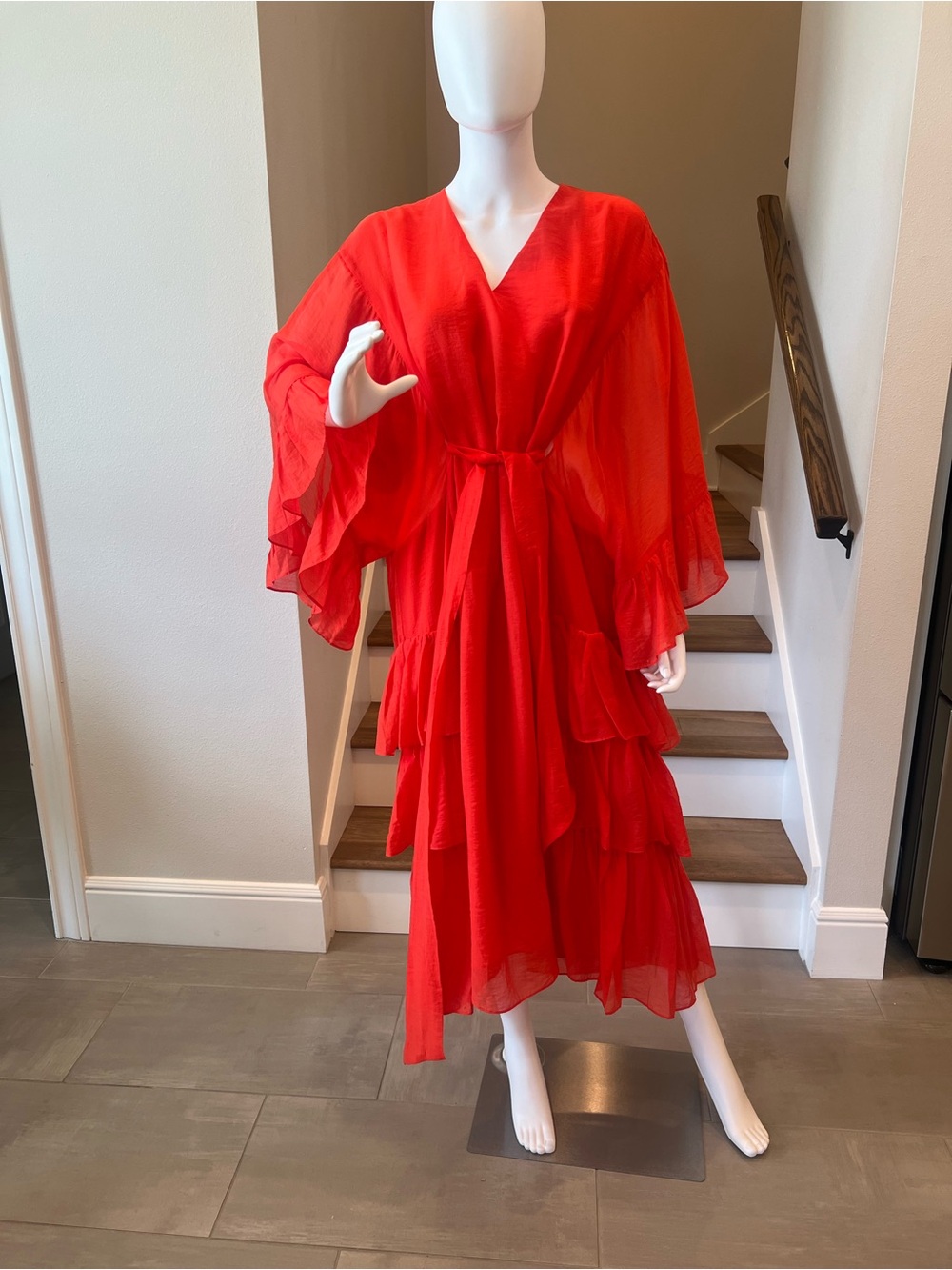 Coral Tiered Ruffle V-Neck Dress
